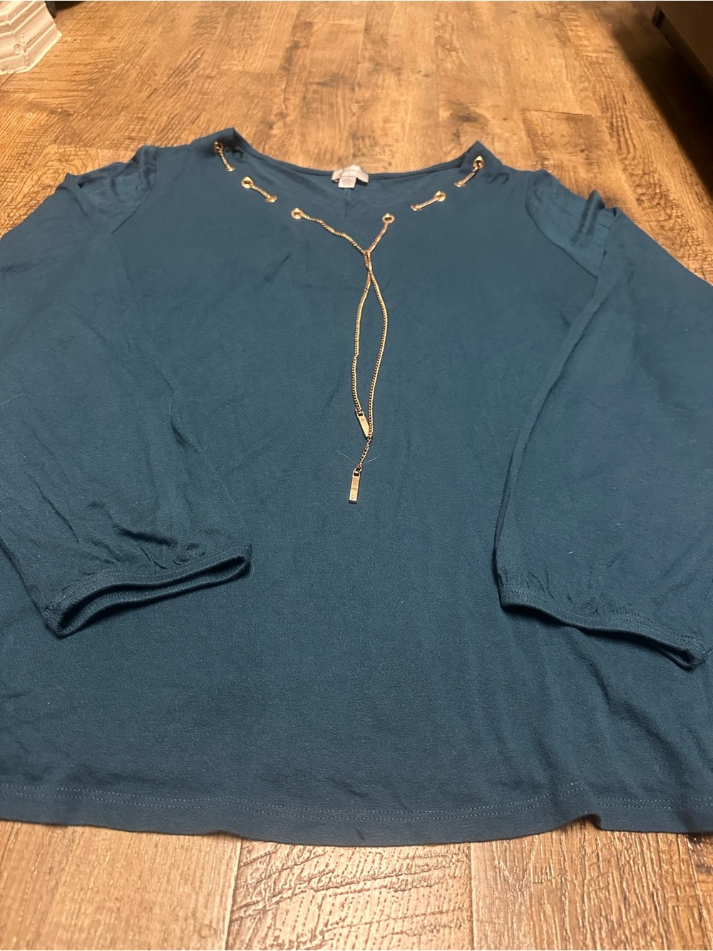 AVENUE Teal Long-Sleeve V Neck GOLD Tone Detail Attached Necklace Size 14/16